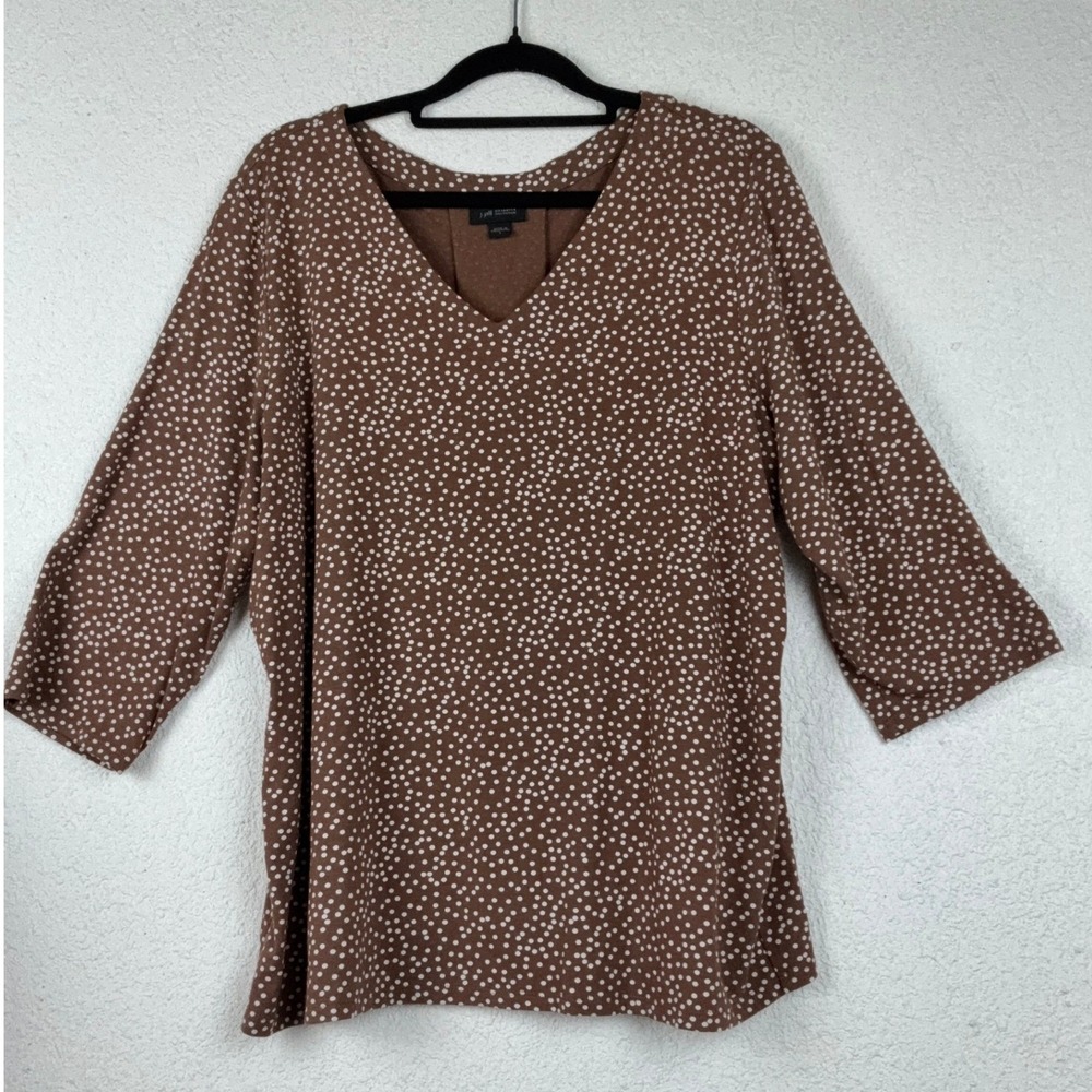 J. Jill Brown Polka Dot Top - L - Wearever V-Neck 3/4 Sleeve Stretch Knit